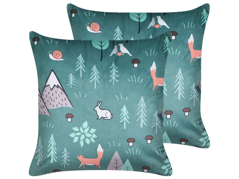 Set of 2 Decorative Cushions Mint Green Velvet 45 x 45 cm for Kids Animal Forest Motif Print Modern for Kids Decor Accessories Beliani