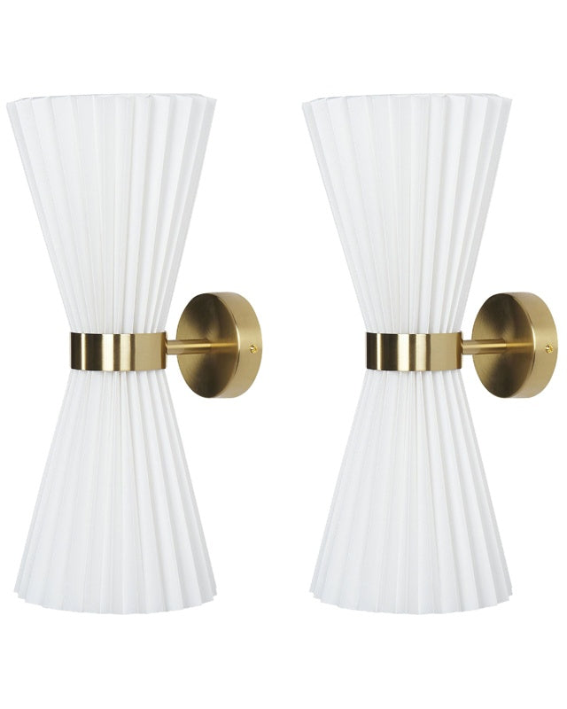 Set of 2 Wall Lamps White Fabric Shade Metal Brass Accents Modern Glamour Style Living Room Office Bedroom Beliani