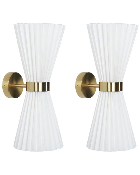 Set of 2 Wall Lamps White Fabric Shade Metal Brass Accents Modern Glamour Style Living Room Office Bedroom Beliani