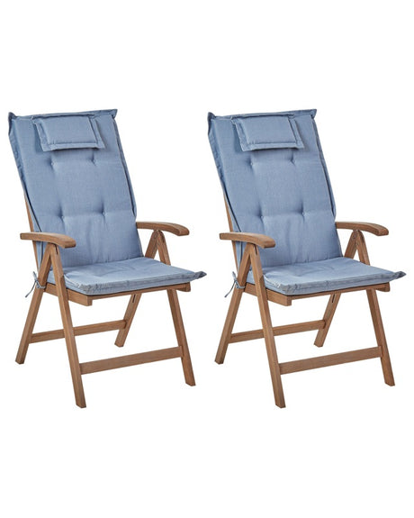 Set of 2 Garden Chair Dark Acacia Wood Natural with Blue Cushions Adjustable Foldable Outdoor with Armrests Country Rustic Style Beliani