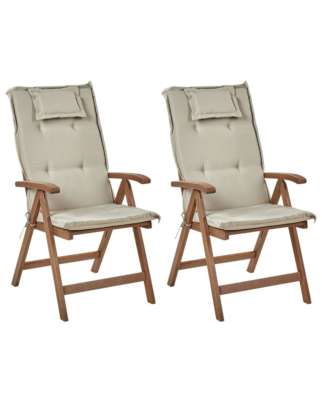 Set of 2 Garden Chair Dark Acacia Wood Natural with Taupe Cushions Adjustable Foldable Outdoor with Armrests Country Rustic Style Beliani