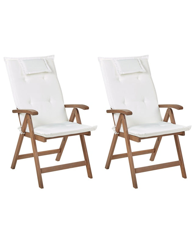 Set of 2 Garden Chair Dark Acacia Wood Natural with Off-White Cushions Adjustable Foldable Outdoor with Armrests Country Rustic Style Beliani