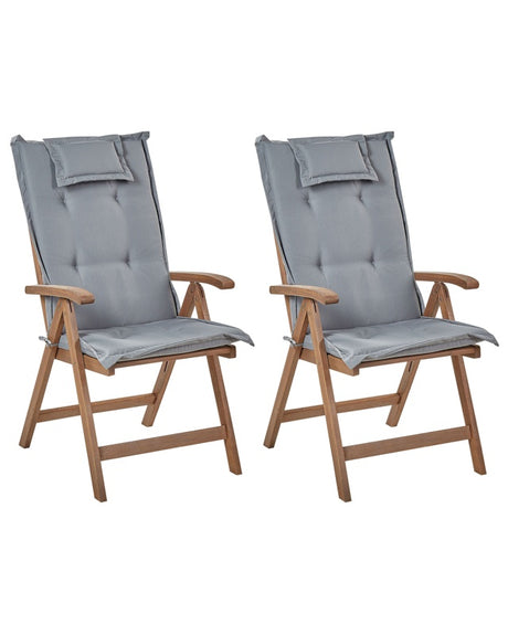 Set of 2 Garden Chair Dark Acacia Wood Natural with Grey Cushions Adjustable Foldable Outdoor with Armrests Country Rustic Style Beliani