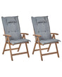 Set of 2 Garden Chair Dark Acacia Wood Natural with Grey Cushions Adjustable Foldable Outdoor with Armrests Country Rustic Style Beliani