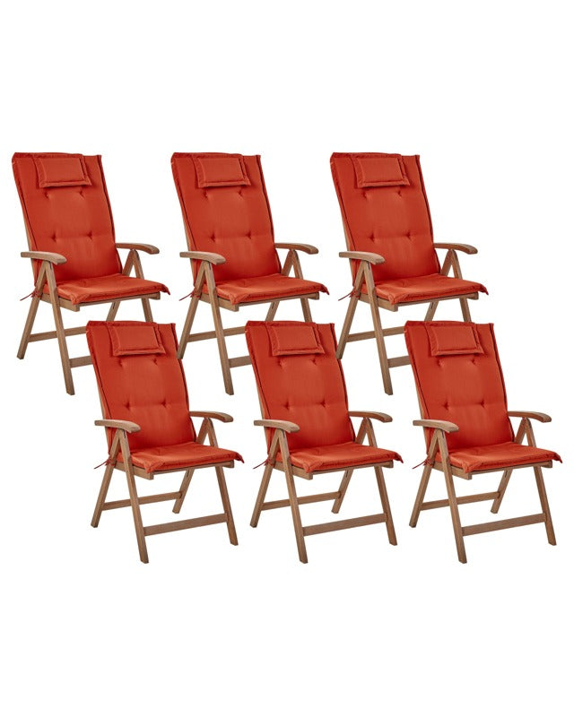 Set of 6 Garden Chair Dark Acacia Wood Natural with Red Cushions Adjustable Foldable Outdoor with Armrests Country Rustic Style Beliani