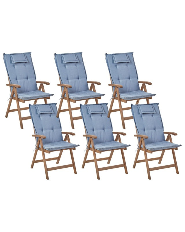 Set of 6 Garden Chair Dark Acacia Wood Natural with Blue Cushions Adjustable Foldable Outdoor with Armrests Country Rustic Style Beliani