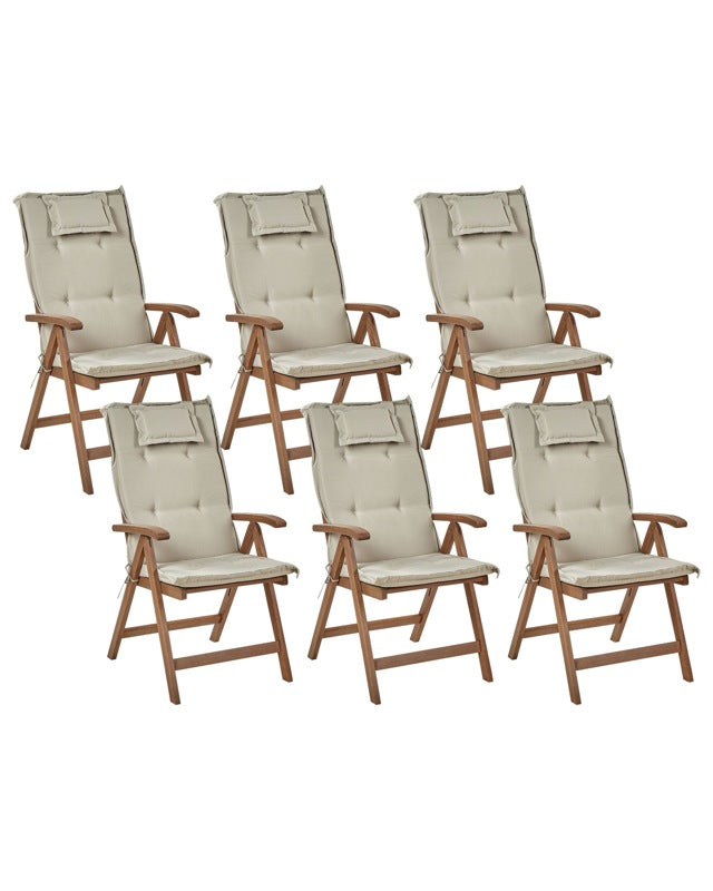 Set of 6 Garden Chair Dark Acacia Wood Natural with Taupe Cushions Adjustable Foldable Outdoor with Armrests Country Rustic Style Beliani