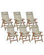 Set of 6 Garden Chair Dark Acacia Wood Natural with Taupe Cushions Adjustable Foldable Outdoor with Armrests Country Rustic Style Beliani