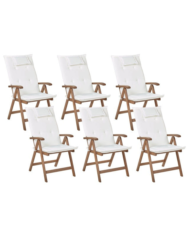 Set of 6 Garden Chair Dark Acacia Wood Natural with Off-White Cushions Adjustable Foldable Outdoor with Armrests Country Rustic Style Beliani