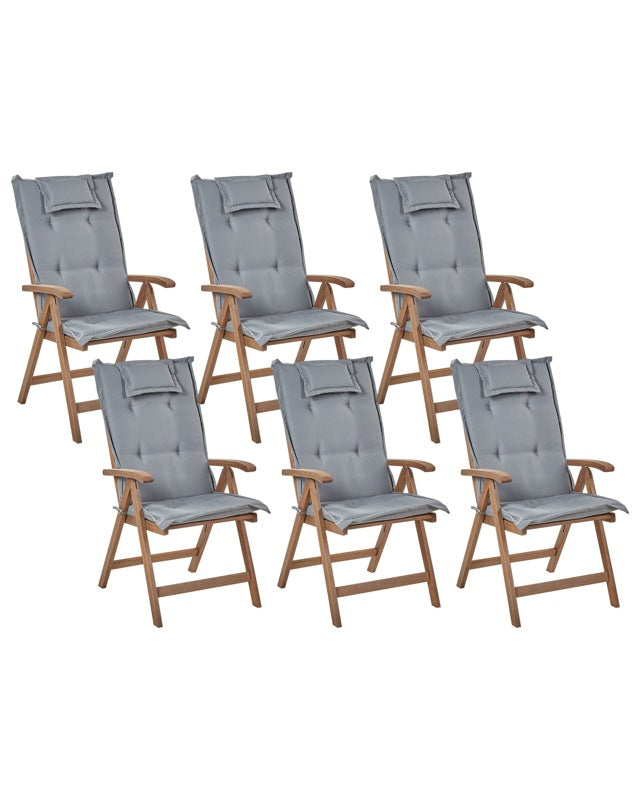 Set of 6 Garden Chair Dark Acacia Wood Natural with Grey Cushions Adjustable Foldable Outdoor with Armrests Country Rustic Style Beliani