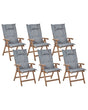 Set of 6 Garden Chair Dark Acacia Wood Natural with Grey Cushions Adjustable Foldable Outdoor with Armrests Country Rustic Style Beliani