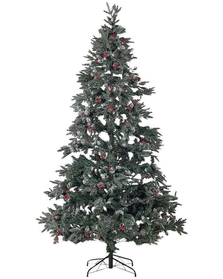 Artificial Snow Christmas Tree Green PVC Metal Base 240 cm with Pine Cones Holly Berries  Frosted Branches Traditional Beliani