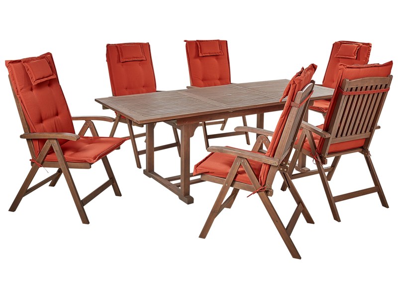 Garden Dining Set Dark Solid Acacia Wood Extending Table 6 Chairs with Red Cushions Adjustable Backrest Folding Rustic Style Beliani