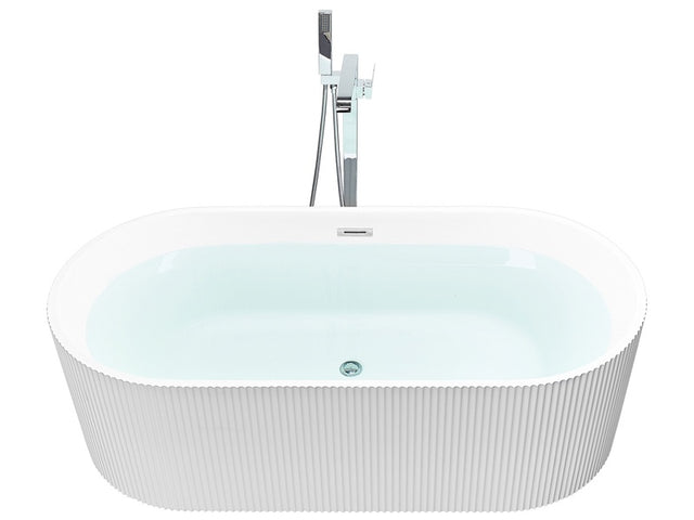 Freestanding Bath Matt White Acrylic 169 x 80 cm Oval Shape Fluted Finish Modern Style Bathroom Beliani