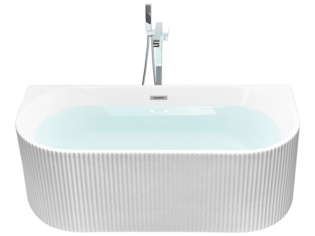 Oval Back to Wall Bath Matt White Acrylic 171 x 90 cm Fluted Finish Modern Style Bathroom Beliani