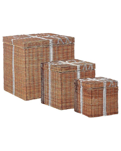 Storage Decorative Gift Boxes Brown Rattan Christmas Decor Set of 3 Square Various Sizes Rustic Design Beliani