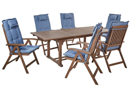 Garden Dining Set Dark Solid Acacia Wood Extending Table 6 Chairs with Blue Cushions Adjustable Backrest Folding Rustic Style Beliani