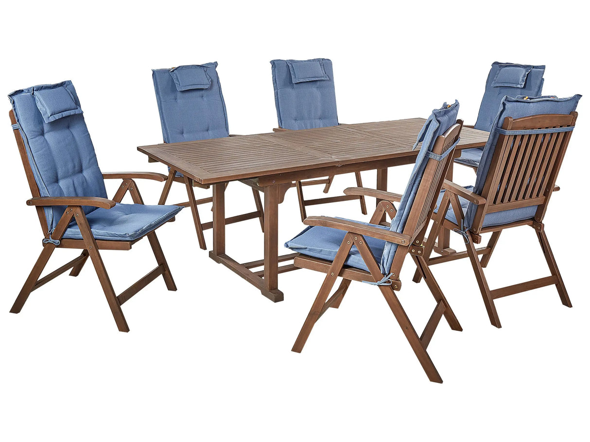 Garden Dining Set Dark Solid Acacia Wood Extending Table 6 Chairs with Blue Cushions Adjustable Backrest Folding Rustic Style Beliani