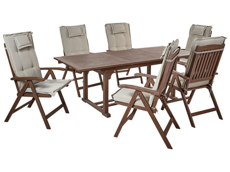 Garden Dining Set Dark Solid Acacia Wood Extending Table 6 Chairs with Taupe Cushions Adjustable Backrest Folding Rustic Style Beliani