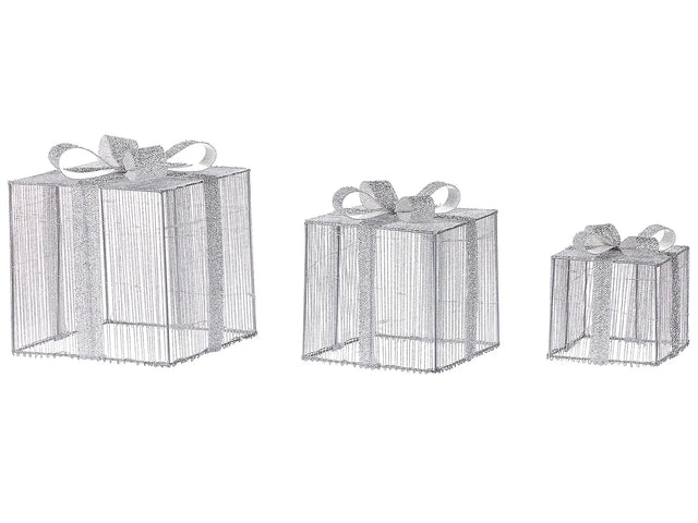 Set of 3 Outdoor LED Decoration Silver Metal 25 x 25 x 25 cm Christmas Gifts Presents Seasonal Accessory Garden Home Dcor with Lights Beliani