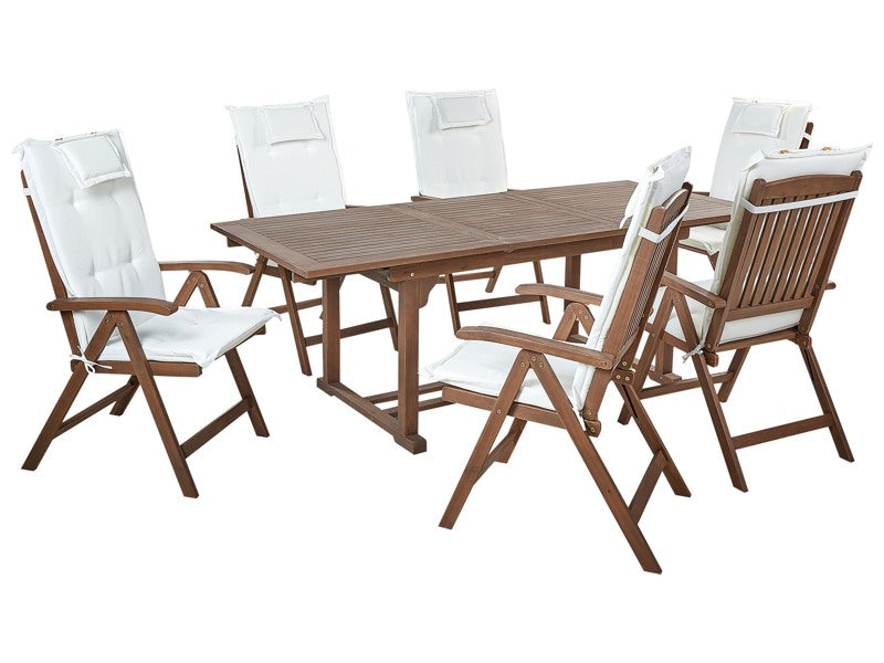 Garden Dining Set Dark Solid Acacia Wood Extending Table 6 Chairs with Off-White Cushions Adjustable Backrest Folding Rustic Style Beliani