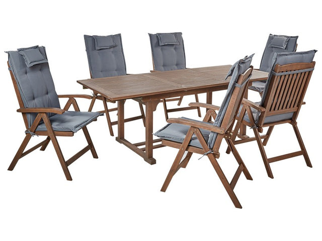 Garden Dining Set Dark Solid Acacia Wood Extending Table 6 Chairs with Grey Cushions Adjustable Backrest Folding Rustic Style Beliani