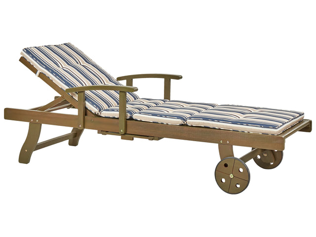 Garden Sun Lounger Dark Acacia Wood Natural with Striped Blue Cushion Adjustable Backrest Inbuilt Castors Rustic Traditional Style Beliani