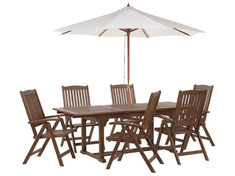 Garden Dining Set Dark Solid Acacia Wood Extending Table 6 Chairs with Parasol Adjustable Backrest Folding Rustic Style Beliani