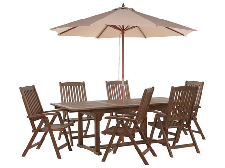 Garden Dining Set Dark Solid Acacia Wood Extending Table 6 Chairs with Parasol Adjustable Backrest Folding Rustic Style Beliani