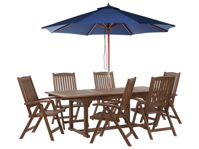 Garden Dining Set Dark Solid Acacia Wood Extending Table 6 Chairs with Parasol Adjustable Backrest Folding Rustic Style Beliani