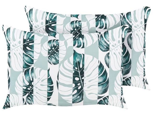 Set of 2 Garden Cushions Green Polyester Leaf Striped Pattern 40 x 60 cm Rectangular Modern Outdoor Decoration Water Resistant Beliani