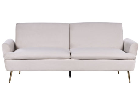 Sofa Bed Beige Velvet Upholstery 3 Seater Click Clack Sleeping Function Golden Metal Legs Beliani