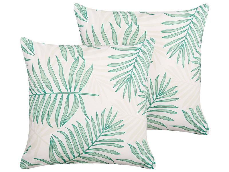 Set of 2 Garden Cushions Beige and Green Polyester Palm Leaf Motif Pattern 45 x 45 cm Modern Outdoor Decoration Water Resistant Beliani