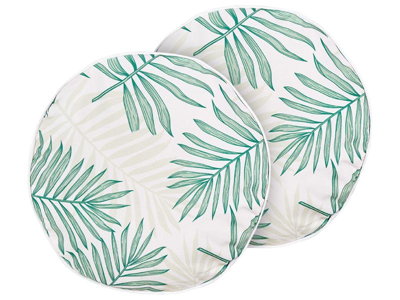 Set of 2 Garden Cushions Beige and Green Polyester Palm Leaf Motif Pattern ⌀ 40 cm Modern Outdoor Decoration Water Resistant Beliani