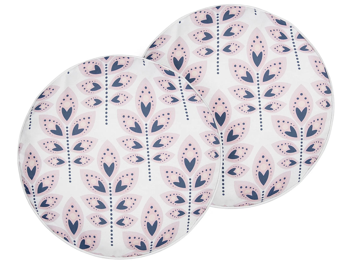 Set of 2 Garden Cushions Off-White Polyester  40 cm Round Leaf Pattern Motif Modern Design Throw Scatter Pillow Beliani