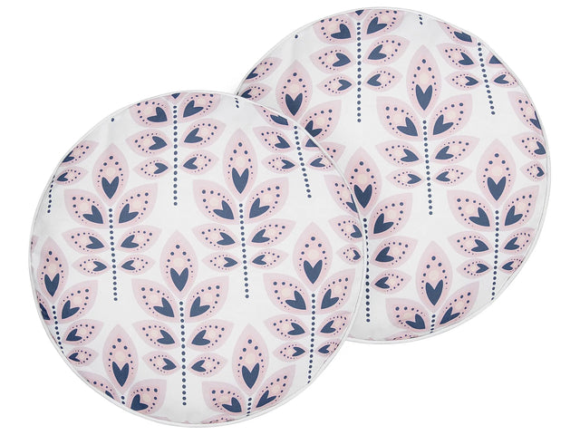 Set of 2 Garden Cushions Off-White Polyester  40 cm Round Leaf Pattern Motif Modern Design Throw Scatter Pillow Beliani