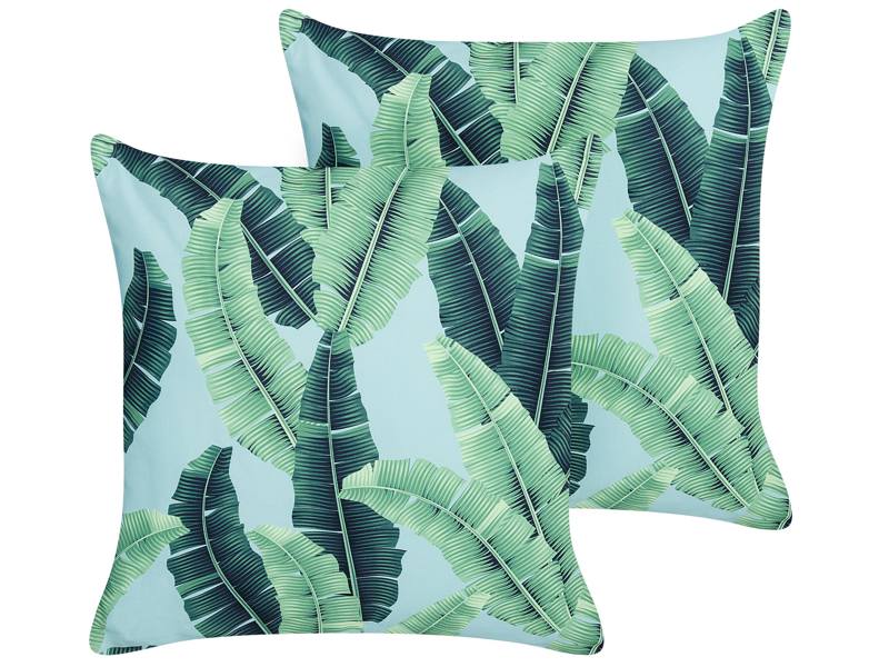 Set of 2 Garden Cushions Green Polyester 45 x 45 cm Square Leaf Pattern Motif Modern Design Throw Scatter Pillow Beliani