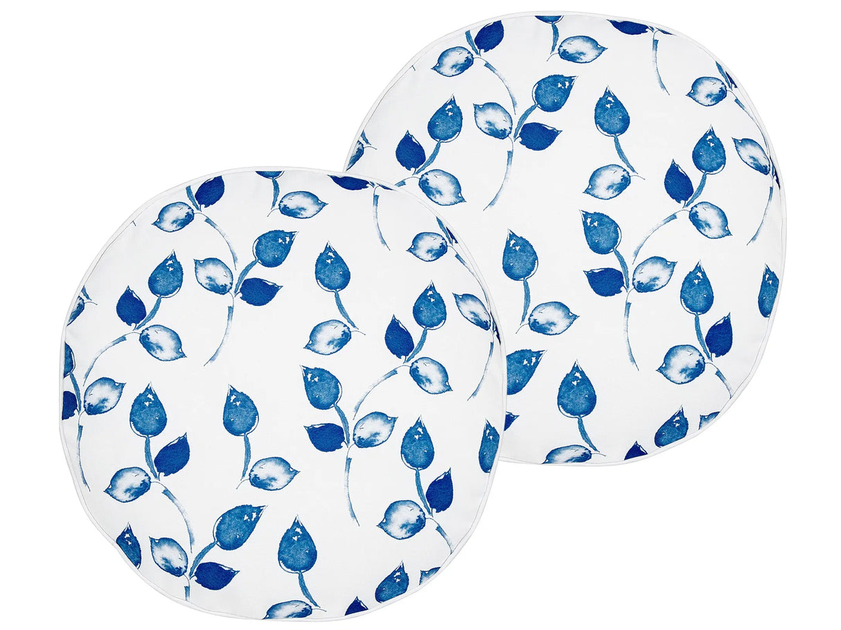 Set of 2 Garden Cushions White and Blue Polyester  40 cm Round Leaf Pattern Motif Modern Design Throw Scatter Pillow Beliani