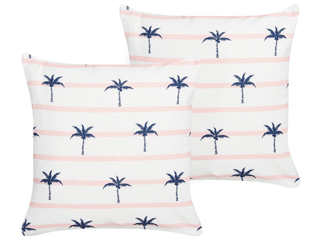 Set of 2 Garden Cushions White Polyester Palm Pattern 45 x 45 cm Square Modern Outdoor Patio Water Resistant Beliani