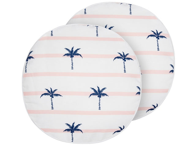 Set of 2 Garden Cushions White Polyester Palm Pattern ⌀ 40 cm Round Modern Outdoor Patio Water Resistant Beliani