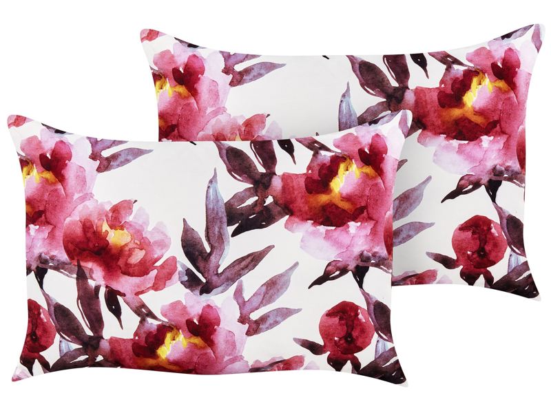 Set of 2 Garden Cushions White and Pink Polyester Floral Pattern 40 x 60 cm Rectangular Modern Outdoor Patio Water Resistant Beliani