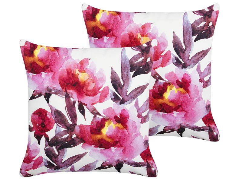 Set of 2 Garden Cushions White and Pink Polyester Floral Pattern 45 x 45 cm Square Modern Outdoor Patio Water Resistant Beliani