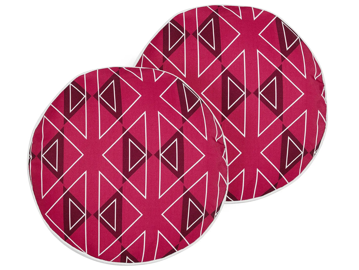 Set of 2 Garden Cushions Pink Polyester Geometrical Pattern  40 cm Round Modern Outdoor Patio Water Resistant Beliani