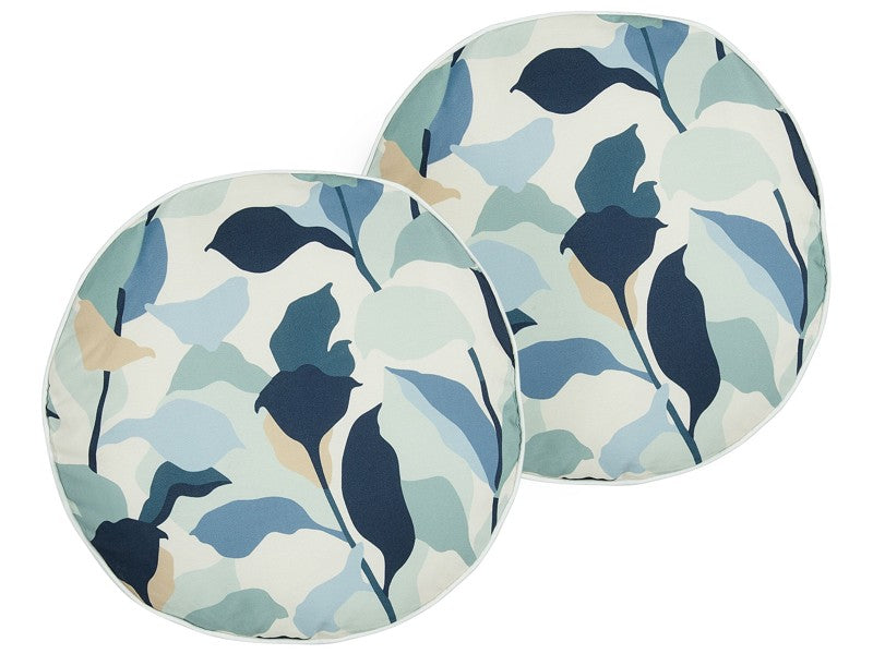 Set of 2 Garden Cushions Blue Polyester ⌀ 40 cm Leaf Pattern Modern Outdoor Decoration Water Resistant Beliani