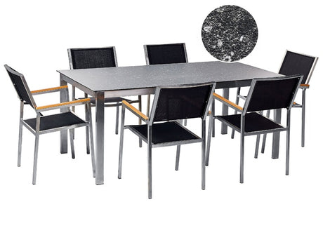 Garden Dining Set Black Granite Effect Tabletop Glass Stainless Steel Frame Set of 6 Chairs Textilene Modern Outdoor Style Beliani