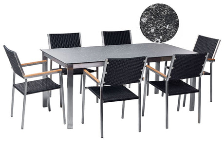 Garden Dining Set Black Granite Effect Tabletop Glass Stainless Steel Frame Set of 6 Chairs PE Rattan Seats Modern Outdoor Style Beliani