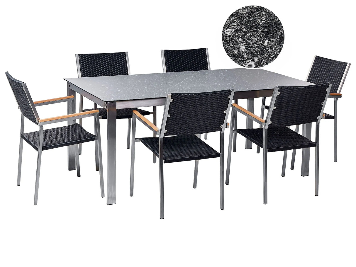Garden Dining Set Black Granite Effect Tabletop Glass Stainless Steel Frame Set of 6 Chairs PE Rattan Seats Modern Outdoor Style Beliani