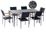 Garden Dining Set Black Granite Effect Tabletop Glass Stainless Steel Frame Set of 6 Chairs PE Rattan Seats Modern Outdoor Style Beliani