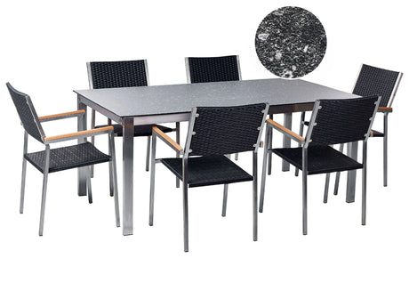 Garden Dining Set Black Granite Effect Tabletop Glass Stainless Steel Frame Set of 6 Chairs PE Rattan Seats Modern Outdoor Style Beliani