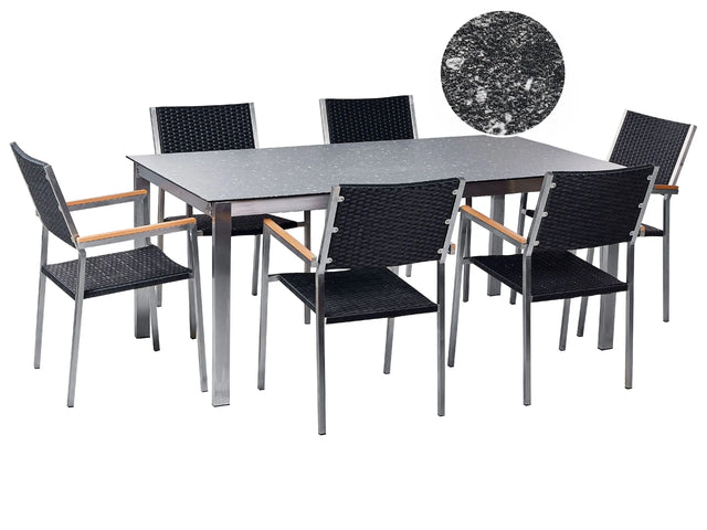 Garden Dining Set Black Granite Effect Tabletop Glass Stainless Steel Frame Set of 6 Chairs PE Rattan Seats Modern Outdoor Style Beliani
